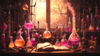 Enchanting Alchemy Lab: Glowing Flasks, Steaming Vapors, and Golden Light.