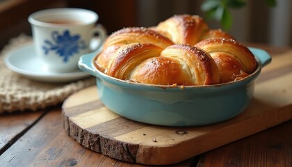 Warm croissant bread pudding served in ceramic dish on rustic wooden board. Cup of tea sits beside baked pastry. Delicious sweet treat offers cosy dining experience, perfect for breakfast dessert.