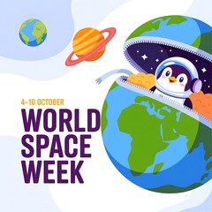 Cute penguin astronaut celebrates world space week with earth and planets