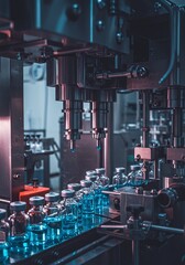 Automated pharmaceutical production line expertly processes sterile medical vials with blue liquid, showcasing manufacturing efficiency and scientific precision