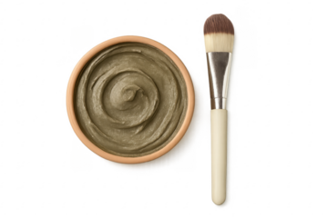 Cosmetic clay mask in bowl with brush on transparent background