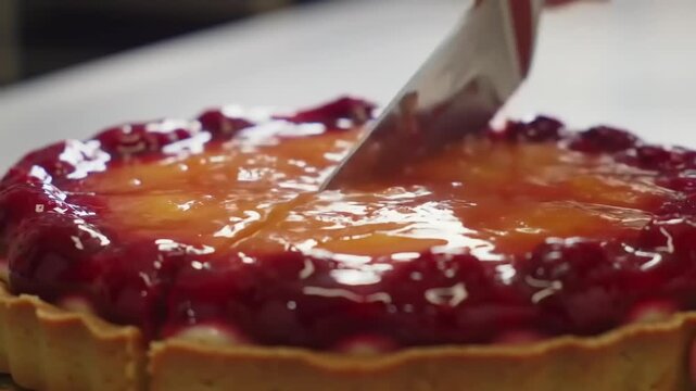 Close-up of a fruit tart being sliced