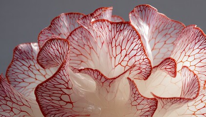 Intricate, translucent sculpture with red veined petals resembling a flower