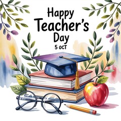 Happy teachers day celebration with graduation cap books apple and glasses