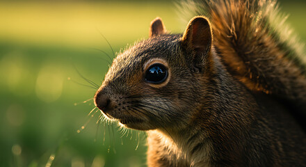 Obraz premium Golden light illuminates the curious gaze of a wild squirrel amidst lush green grass during a tranquil morning or evening.