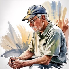 Thoughtful elderly man wearing a baseball cap and glasses in a watercolor style
