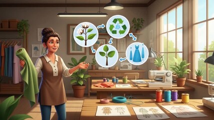 Sustainable fashion design process: woman showing cotton to dress recycling in bright studio - Powered by Adobe
