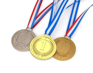 Three Olympic-style medals, gold, silver, and bronze, with red, white, and blue ribbons, isolated on white background.