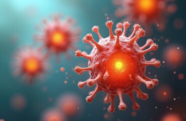 Microscopic view of red virus particles with glowing yellow cores. Free radicals cause cellular oxidative stress. Bacteria pathogens float in blue background, representing disease spread, medical