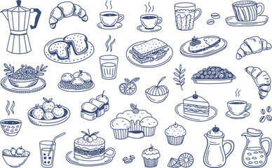 Doodle collection of breakfast and dessert items food