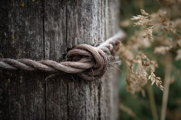 Detailed Close-Up of Twisted Rope Knot Secured Around Weathered Wooden Post with Nature Background