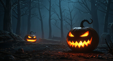 Spooky Halloween Night with Glowing Jack-o'-Lanterns in a Dark Forest