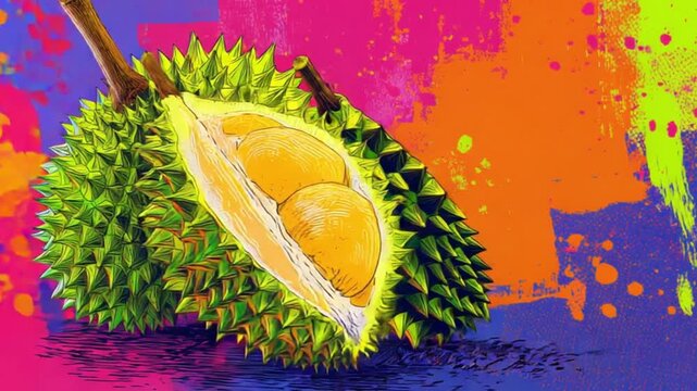 Vibrant illustration of two durians with a colorful background showcasing tropical fruits