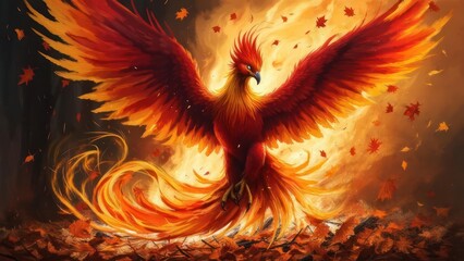 Fiery Phoenix Rebirth: Autumnal Blaze, Wings of Flame and Falling Leaves