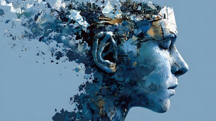 Abstract representation of human head dissolving into geometric shapes, symbolizing ideas and thoughts