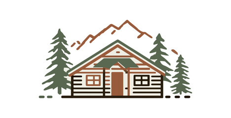 Rustic log cabin illustration in forest landscape