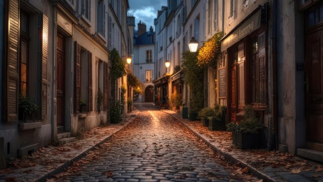 Enchanting Parisian Cobblestone Alley at Dusk with Warm Lantern Glow and Autumn Leaves