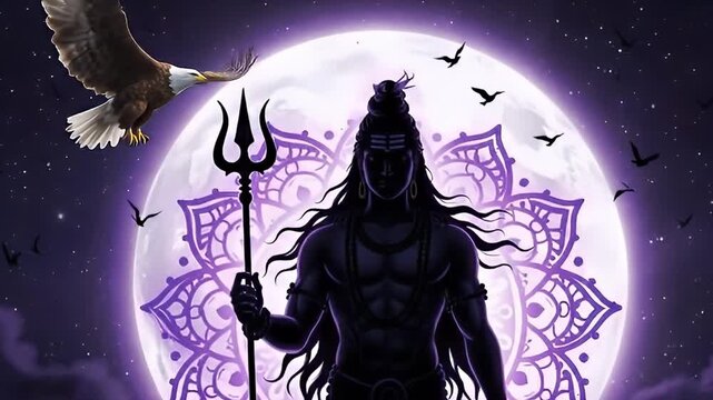 Lord Shiva wallpaper with a stunning silhouette holding a trident, perfect for spiritual designs, backgrounds, meditation apps, and religious themes.
