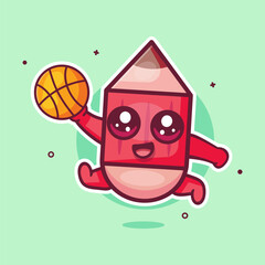 happy pencil character mascot playing basketball isolated cartoon