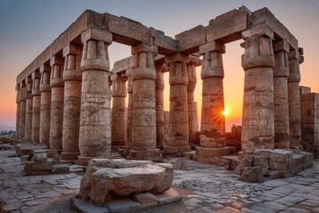Obraz premium Ancient stone temple at sunrise, columns and sun rays