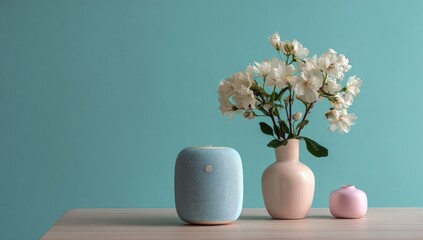 Light blue smart speaker, pink vase with white blossoms, and small pink ornament on light wood table against teal wall
