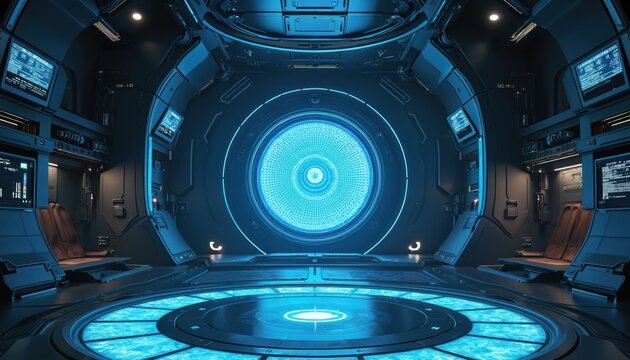 Futuristic spaceship interior features advanced technology with glowing blue portal. Clean, modern metallic console displays digital screens, controls. Shiny steel surfaces, neon lights, dark shiny