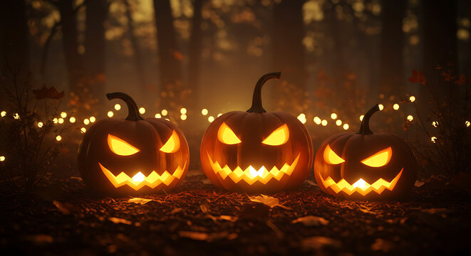 Spooky Trio Glowing Jack-o'-Lanterns Illuminated in a Forest Setting