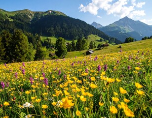 Vibrant Alpine Meadow Bursting with Yellow and Purple Wildflowers Under Majestic Mountains.