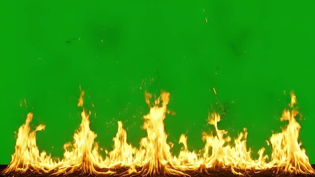 Green screen with orange flames suitable for video editing, special effects, movie productions, and creating realistic fire animations.