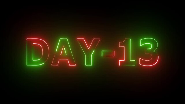 Neon Day 13, 13Day text animation videos on black background. 13 Day To Go glowing neon animation Videos. Display day text animation.
