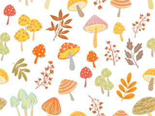 Cute hand drawn seamless autumn pattern with mushrooms and leaves on a transparent background for fabric and stationary. Autumn motif wallpaper. PNG files.