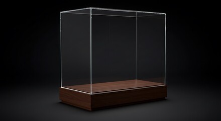 empty glass display case with a wooden base on an isolated black studio background
