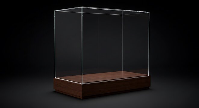 empty glass display case with a wooden base on an isolated black studio background