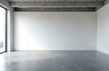 Minimalist empty room featuring large white wall, polished concrete floor. Natural light streams through large window, illuminating clean, contemporary space. Industrial concrete ceiling with track