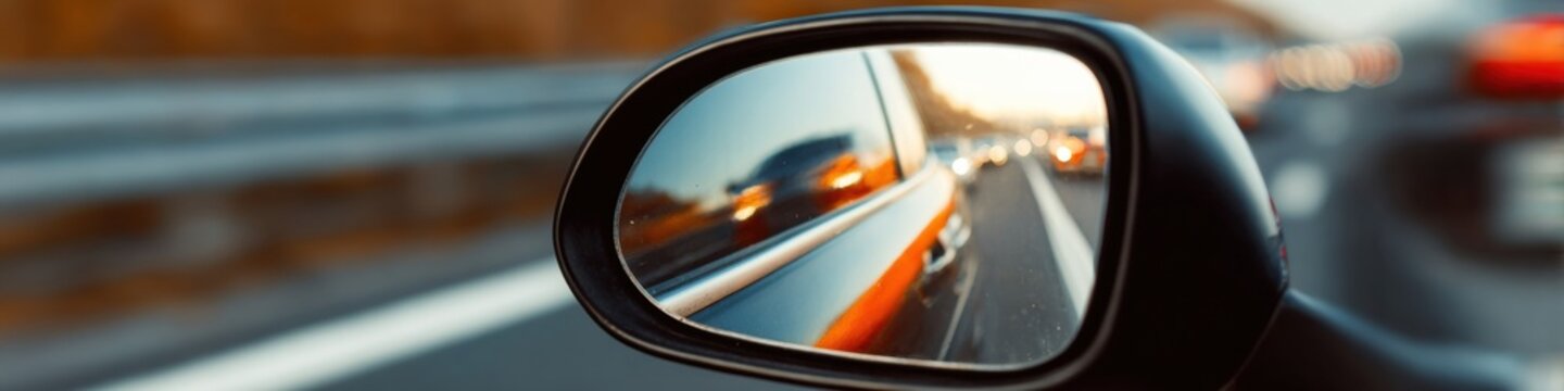 Professional Annual Reflection Concept with Car Side Mirror View Showing Traffic and Road Modern Business Review Content for Corporate Marketing and Social Media