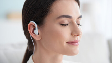 Woman using ear vagus nerve stimulator, auricular neuromodulation wearable, anxiety relief device, cortisol reduction tech, autonomic nervous system regulation tool