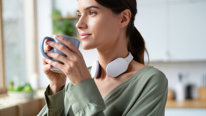 Woman wearing cervical vagus nerve stimulator, neuromodulation wearable for stress relief, emotional regulation device, wellness tech for autonomic balance