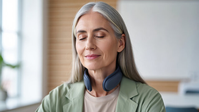 Older woman using vagus nerve stimulator, cervical neuromodulation wearable, emotional regulation tech, nervous system balance device, wellness support tool