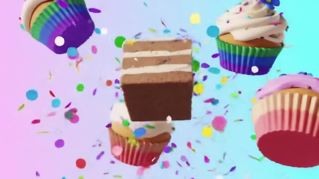 cheerful animation of colorful cupcakes and cakes floating on pastel background with confetti falling, celebration vibe for eat an extra dessert day