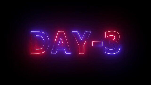 Neon Day 3.3 Day To Go glowing neon Animation Videos.3 Day Text Animation Videos On Black Background.