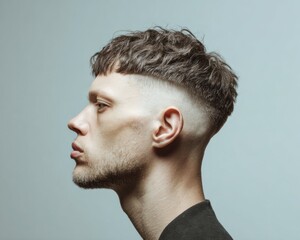 Fototapeta premium Modern Young Man with Fade Haircut and Tousled Fringe Profile Premium Authentic Hairstyling Trend for Youth Marketing and Social Media Campaigns