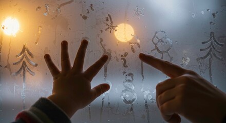 Child's hand tracing patterns on a frosted window