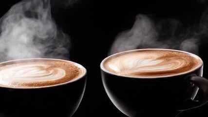 Two steaming cups of coffee with intricate latte art on a dark background, evoking warmth - Powered by Adobe