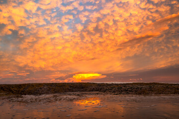 Fiery sunset sky over Bondi Beach, Sydney, Australia, with dramatic golden clouds reflected in the...