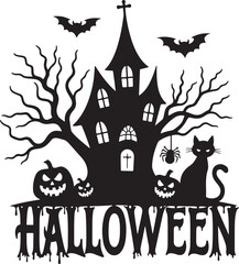 Halloween Haunted House Silhouette with Pumpkins and Bats