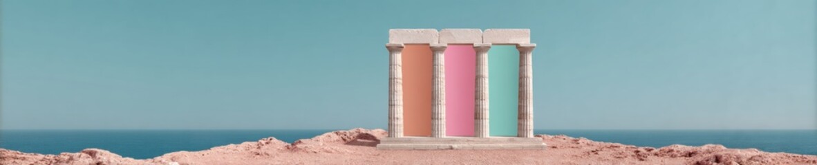 Obraz premium Premium Coastal Ancient Greek Temple Ruins with Modern Pastel Columns Overlooking Sea Inspiring Travel and Lifestyle Content for Millennials