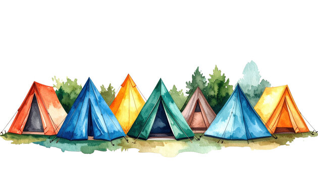 A vibrant watercolor painting of a row of colorful classic Aframe camping tents.