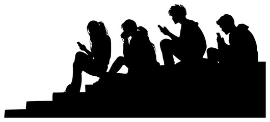 Silhouette of Group of Friends Sitting on Stairs with One Person Using Phone