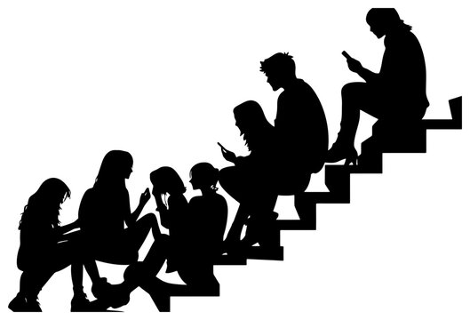 Silhouette of Group of Friends Sitting on Stairs with One Person Using Phone