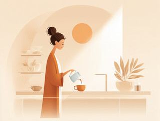 Illustrated Kitchen Scenes with People Preparing Drinks in Cozy, Sunlit Interiors